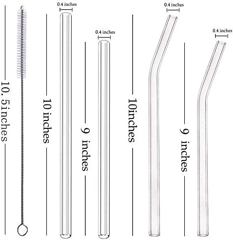 ALINK 8-Pack Clear Glass Smoothie Straws, 10mm Wide 10" + 9" Long Reusable Drinking Straws for Juice, Water, Milk with 2 Cleaning Brush