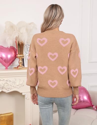 Image of Women's Long Sleeve Mock Neck Sweaters Loose Cute Heart Pullover Sweater