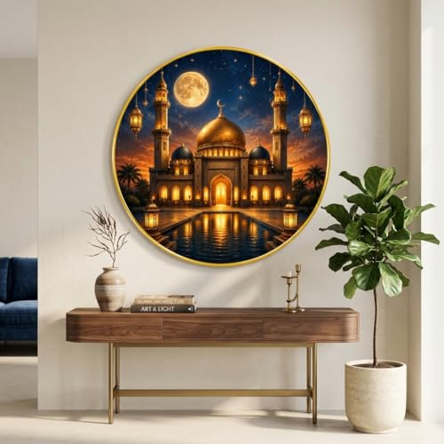 Image of SAF Islamic Mosque Moon Round Wall Painting with Premium PVC Golden Frame, Golden Dome Lantern Night Art, Muslim Home Decor for Prayer Room Living Room (23 x 23 Inch) GR-433