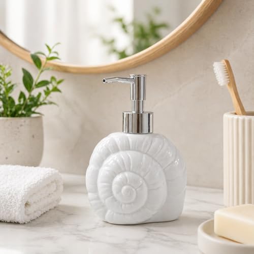 Image of Whizzo Ceramic Shell Shaped Liquid Soap Dispenser with Chrome Pump | Elegant Bathroom & Kitchen Accessory | White Glossy Finish | Refillable Handwash Lotion Bottle (420ML, LD-212, Design3)