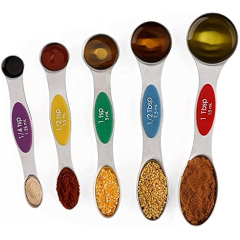 Magnetic Measuring Spoons Set of 5 Stainless Steel Dual Sided Stackable Teaspoon for Measuring Dry and Liquid Ingredients (Color) Cover