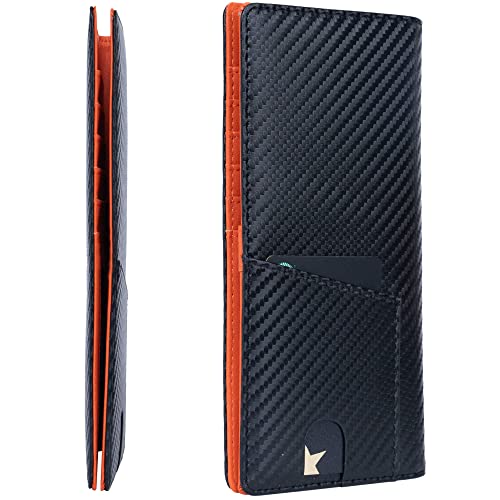 Image of Alldaily Bifold Slim Long Wallet for Men RFID-Blocking Thin Card Holder with ID Window, Faux Leather (Black&Orange)