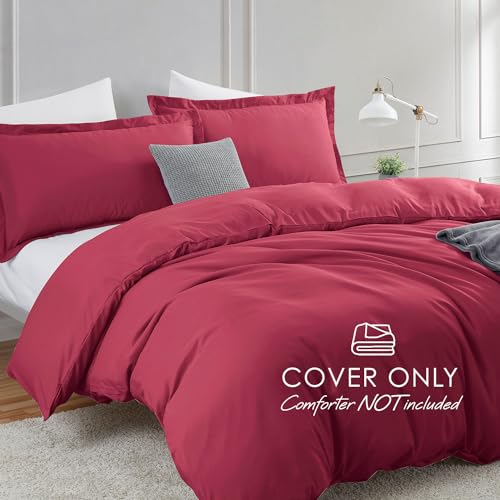 Image of Hearth & Harbor Burgundy Red Duvet Cover Queen Size, 3 Piece Bedding Set | Soft Double Brushed Bedding Set, Button Closure, 1 Duvet Cover 90x90 Inches, 2 Pillow Shams