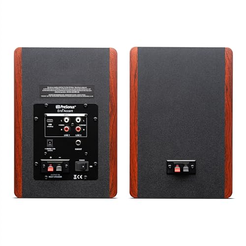 Image of PreSonus Eris Accent Powered Bookshelf Speakers - 50W Wired Stereo Speakers for Record Player, Turntable, Desk & Home, Multiple Inputs, 4 inch Woofer, Studio Monitors, Tweeter, Remote, Sub Out, Wood Grain