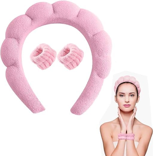 Soft Sponge Spa Headband and Wristband Set, Pink, 17X18 cm Headband with 10X6.5 cm Wristband Elastic Design-image-3