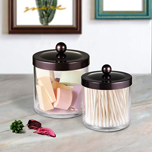 Premium Quality Plastic Apothecary Jars - Qtip Holder Bathroom Vanity Countertop Storage Organizer Canister Clear Acrylic For Cotton Swabs,Rounds, Balls,Makeup Sponges,Bath Salts / 2 Pack (Bronze) #TOP5