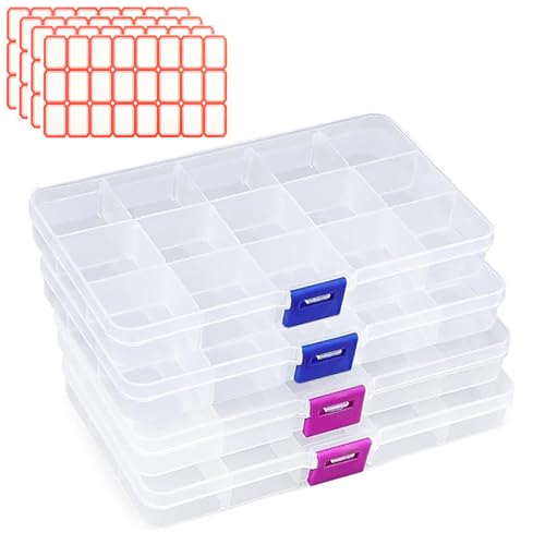 KYYGKY 4 PCS Cajas Almacenaje Plastico Pequeñas, Cajas Organizadoras de Plastico con 15 Compartimentos Transparentes y Ajustables, Cajas Clasificadoras para Piezas Pequeñas con 4 hojas de Etiquetas