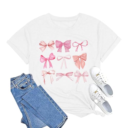 Womens Bow Shirt:Trendy Pink Bow Girly Tee Aesthetic T-Shirt Coquette Aesthetic Tee Tops2
