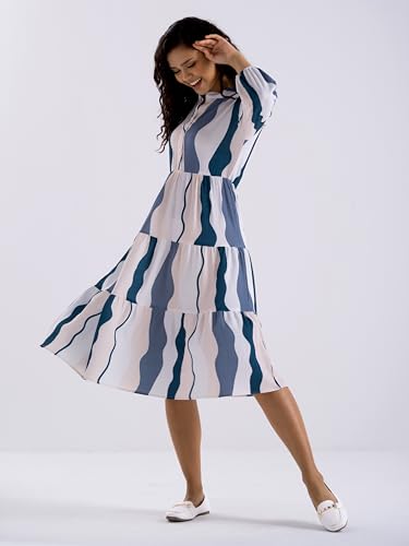 Image of AASK Women Diamond Creap Striped Printed Mandarin Collar Fit & Flare Dresss