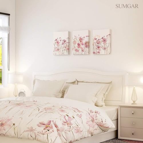 SUMGAR Pink Flower Wall Art Bedroom 3 Piece Romantic Floral Wildflower Plants Nature Scenery Canvas Watercolour Paintings, Red Bloom Pictures for Teen Girl Room Living Room, 12 x 16 inch