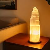 Budawi® Selenit Lampe mit Holzsockel (30–32 cm) – Naturstein Kristalllampe – Handgefertigte Edelstein Lampe für harmonisches Ambiente & positive Energie