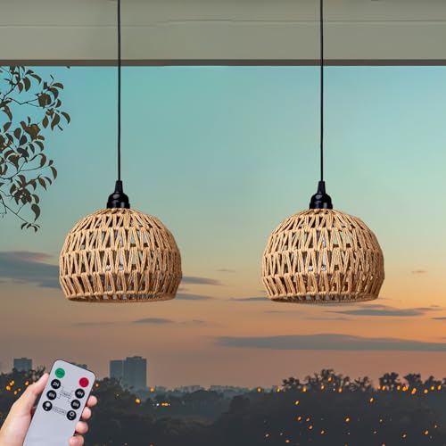 ALL FORTUNE Battery Operated Hanging Outdoor Chandelier, Battery Power Pendant Light, Gazebo Lights Outdoor Waterproof, for Gazebo, Pergola, Porch, Patio, Indoor Outdoor Decor Lighting (2)