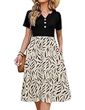 CMTOP Robe Femme Ete Chic et Elegant Col en V Fleurie Robe Mi Longue Décontractée Manches Courtes Boutons Genou Légère Robe Style Taille Empire avec Poches (Feuilles Noires, M)