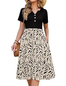 CMTOP Robe Femme Ete Chic et Elegant Col en V Fleurie Robe Mi Longue Décontractée Manches Courtes Boutons Genou Légère Robe Style Taille Empire avec Poches (Feuilles Noires, XL)