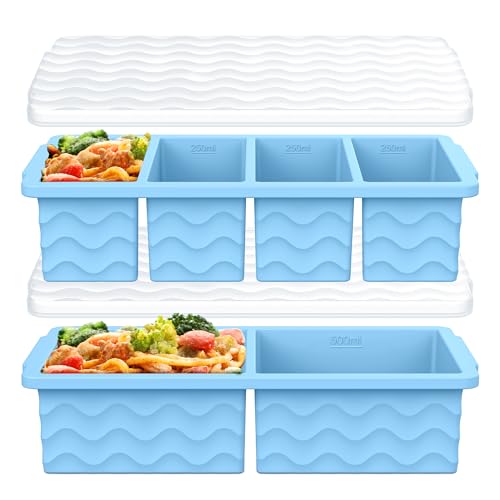 Image of Silicone Freezer Trays with Lid for Soup, 1-Cup & 2-Cup Large Ice Cube Molds Food Storage Containers for Meal Prep, Freeze 500mL /250mL /125mL Portions - 2 Pack