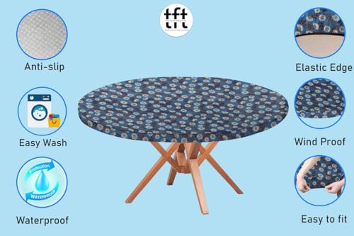 Image of The Furnishing Tree Round Elastic Fitted Dining Table Cover WxL 54x54 Inches Floral Pattern Blueish Grey