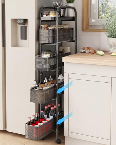 Opiniones de Carrito Organizador Con Ruedas los más solicitados. 48 UMDONX Carrito de almacenamiento delgado de 5 niveles con cesta extraíble organizador de baño, carrito rodante, organizador deslizante para cocina, baño, lavandería, color...