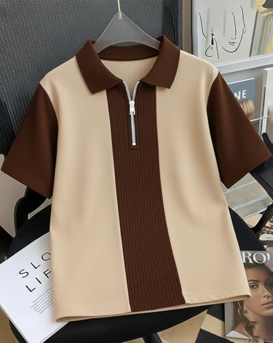 Image of AUSK Men's Textured Vertical Striped Knit Polo T-Shirt | Half Sleeve Zipper Neck Self-Design Casual Tee | Mens Tshirts