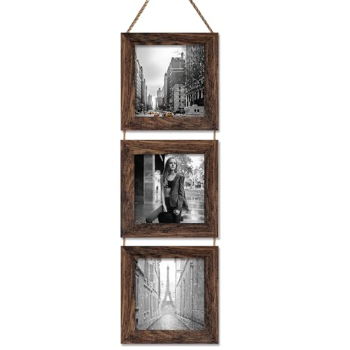 VMUZEDER 4X4 Picture Frame, Wall Hanging Picture Frames Collage with 3 Opening Frames Distress Rustic Brown