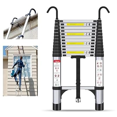 Wolec 12.5 ft Aluminum Telescoping Ladder, 330 lb Load, Hooks, Portable Collapsible Ladder for Home & Work,Silver
