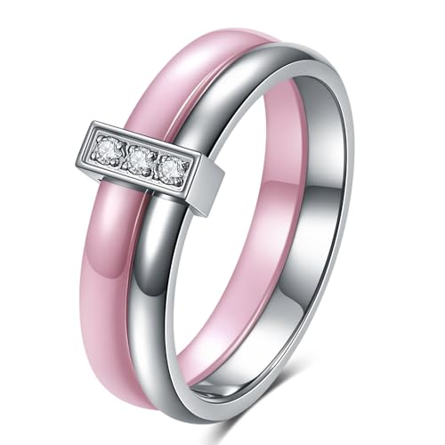 Ceramic Wedding Band Ring for Women Stackable Rings, Polished Ceramic with Stainless Steel & Zirconia Patchwork