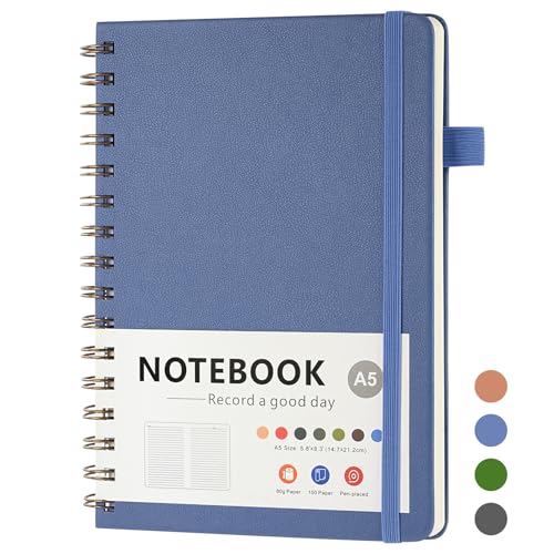 OSDUE Bloc de Notas Espiral, A5 Cuaderno de PU Diario de Viaje 100 Hojas/200 Páginas 80g/m² con Anillas Bolsillos Ampliables Gomas Elásticas Cubierta Impermeable Agenda Semanal Blu 21.5cm*15.6cm