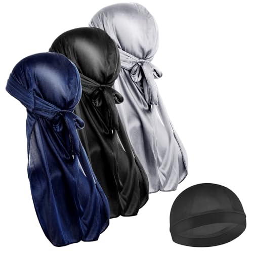 Durags Sedosos para Hombres Y Mujeres 3 Piezas De 360 Ondas con 1 Gorra Ondulada Turbante De Cola Larga Elástico Suave Transpirable para Hombres Y Mujeres para Correr Fitness Ciclismo