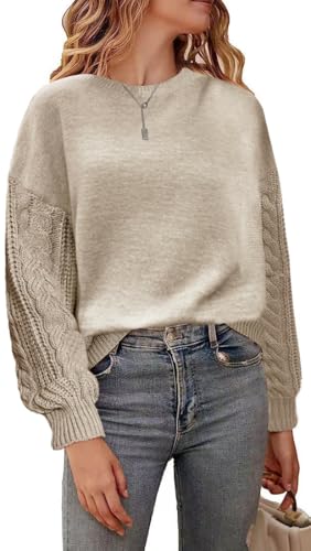 JFAN Jersey Mujer Invierno Elegante Abullonada Jerséis Punto Cuello Redondo de Manga Larga Casual CáLido Punto Sweater Caqui XL