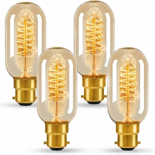 HUIBONA 4 Pack Vintage Light Bulbs,Dimmable Bayonet B22 Edison Bulb Incandescent Light Bulb,40W Warm White Light 2000K,Antique/Retro Amber Glass Lamp,Decorative Filament Bulb T45 Tube Shaped