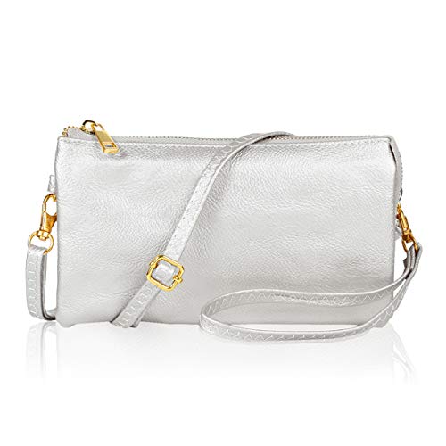 RIAH FASHION Convertible Vegan Leather Wallet Purse Clutch - Small Handbag Phone/Card Slots & Detachable Wristlet/Crossbody (Pebbled - Platinum Silver)
