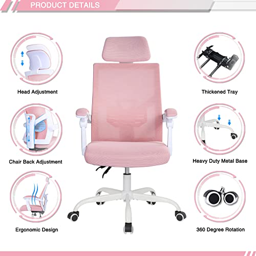 Qulomvs Mesh Ergonomic Office Chair With Headrest And Backrest 90-135 Adjustable Computer Executive Desk Chair With Wheels 360 Swivel Task Chair(Pink) #TOP5