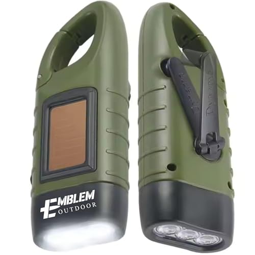 Emblem OD Hand Crank Solar Powered Flashlight, Emergency Rechargeable LED Survival Flashlight with...