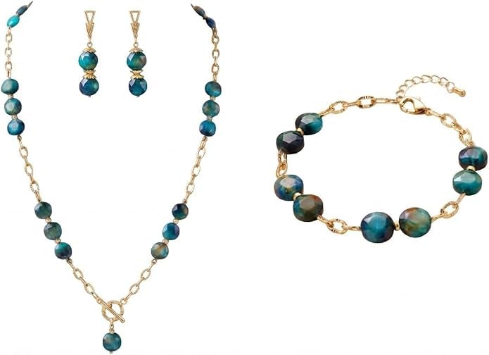Juego de joyas de ojo de tigre azul con collar, pendientes y pulsera