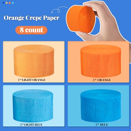 Image of Riqiaqia Crepe Paper Streamers Party Decorations, Blue and Orange Party Decorations, 8 Rolls of Blue, Orange Party Streamers for Blue Dog Birthday Party Supplies