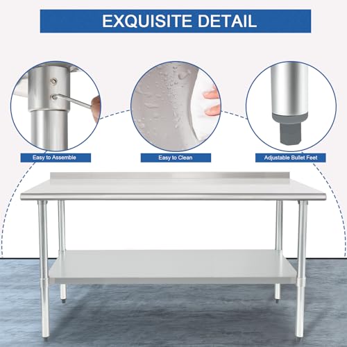 Image of HARDURA Stainless Steel Table Prep & Work Table 24 x 72 Inches NSF Heavy Duty Commercial with Undershelf and Backsplash for Restaurant Kitchen Home and Hotel