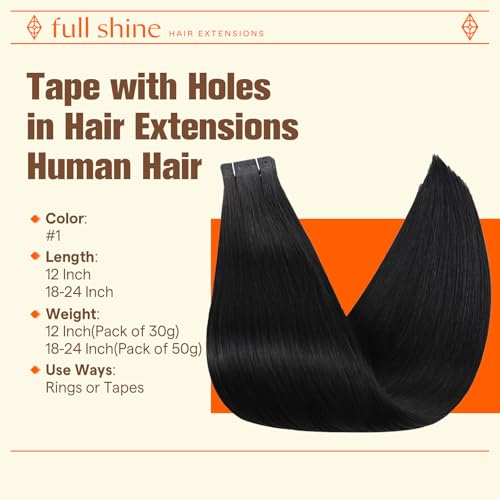 Image of Full Shine Holed Tape in Human Hair Extensions, Jet Black 12 Inch | 30g 20 PCS, Tape in Hair Extensions, Remy Human Hair, Hole Design, Glueless Wear, Thin Hair Support, Straight Style