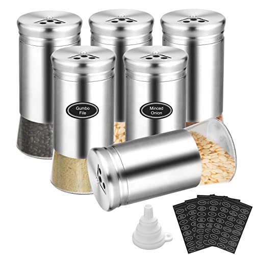 HOMGEN Lot de 6 Pots à Épices en Acier Inoxydable Organisateur d'Épices Boîtes à Épices de Stockage avec Entonnoir/120pcs Étiquette Autocollantes,pour Sel Poivre Herbes BBQ Cuisine Assaisonnements Cover