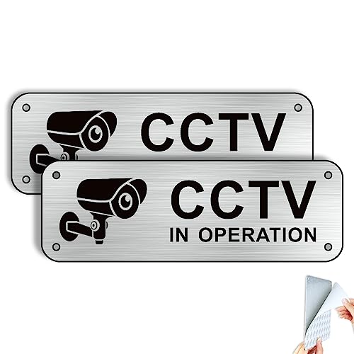 Goodvia CCTV in Operation Sign with Small Size 2x6'' Brushed Aluminum with Self-Adhesive Stickers for Door Wall or Window Indoor or Outdoor Waterproof CCTV Signage 2 Pack