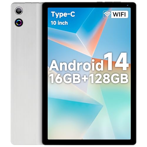 Freeski Tablet 10.4 inch, Android 14 Tablet, 16GB RAM+128GB ROM (Expand to 1TB), Octa-Core, Widevine L1, 1280 * 800 HD Touchscreen, Face ID, Bluetooth 5.3, WiFi 6, Fast Charging (Silver)