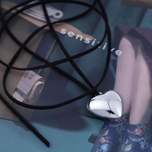 Aneneiceera Vintage Geschichtet Leder Herz Choker Halskette Schwarzer Samt Silber Puffy Herz Anhänger Halskette Lange Wildleder Binden Bis Choker Schmuck Für Frauen Mädchen