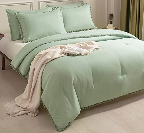 Sleepbella Sage Green King Size Comforter Set 5 Pcs, Ball Pom Fringe Design Comforter, Ultra Soft Microfiber Bedding (1 Boho Comforter, 2 Ball Pom Pillow Shams, 2 Pillow Cases) #TOP16