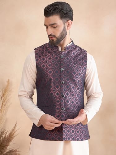 Image of Amazon Brand - Tavasya Mens Woven Design Mandarin Collar Nehru Jackets | Sleeveless Jacket | Ethnic Wear