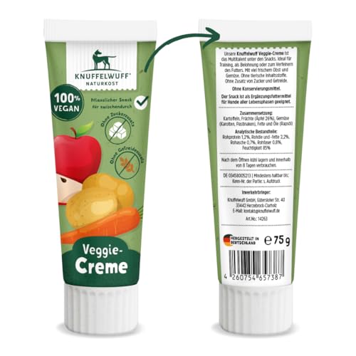 Knuffelwuff Tuben Snack Veggiecreme 3er Pack - 100% Vegan - ohne Konservierungsmittel, ohne Zusatz von Zucker und Getreide - Ideal auch für Welpen - Made in Germany