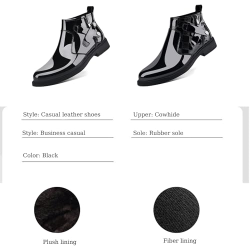 Men's Patent Leather Chunky Heel Chelsea Boots with Side Zipper Retro Round Head Square Texture Warm Plush Lining Business Formal Short Boots4