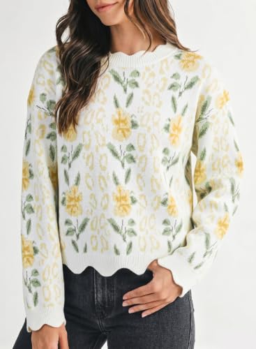 Dokotoo Sweaters Women Crewneck Long Sleeve Floral Printed Jumper Yellow L — view 6
