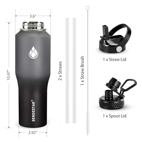 Image of SENDESTAR Water Bottle 32oz,2 Lids(Straw lid),Wide Mouth Stainless Steel Vacuum Insulated Double Wall Keep Liquids Cold or Hot All Day,Sweat Proof Sport Design,Fit Car Cup Holder(Gray&Black)