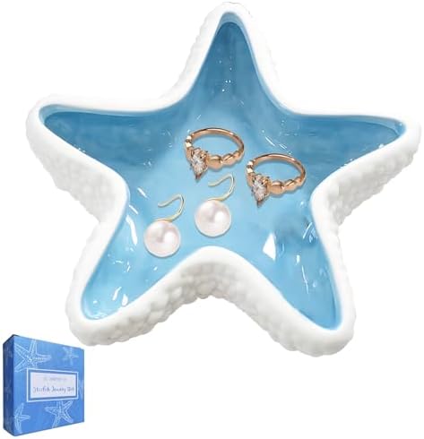 Ceramic Starfish Jewelry Dish Tray Blue Trinket Dish Ocean Coasta...
