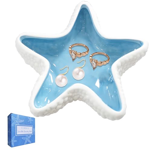 ZGRTZH Ceramic Starfish Jewelry Dish Tray Blue Trinket Dish Ocean Coastal Decor Jewelry Tray Jewelry Plate Decorative Tray Ring Holder for Jewelry Birthday Party Christmas Home Room Beach Decor