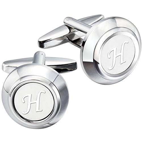 AMITER Personalized Engrave Cufflinks for Men 26 Letters (Silver H)