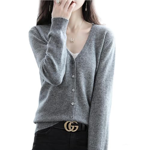 [PALAME] カーディガン レディース Vネック ニット 【上品な印象・カシミヤタッチ・華奢見え】 前開き セーター 長袖 暖かい 柔らかい 高伸縮 体型カバー 小顔 着痩せ 冷房対策 羽織り 無地 コート カジュアル オフィス 通勤 日常 (JP, アルファベット, M, グレー) - PALAME - 商品画像